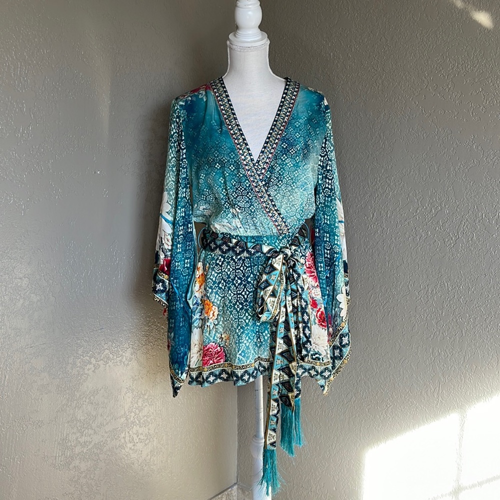 Camilla Teal Floral Print Short Romper with Kimono Sleeves - Picture 2 of 12